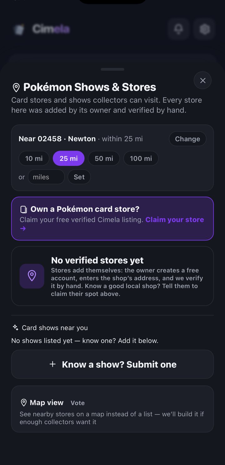 Cimela Nearby: Pokémon shows and stores with distance and radius
