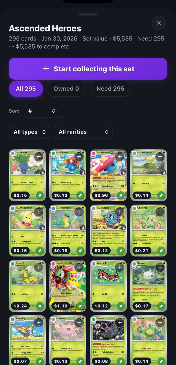 Cimela set view with card prices